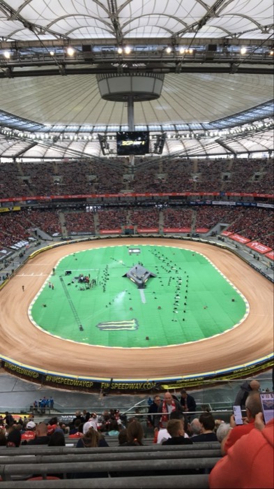 FIM Speedway GP track inside PGE Narodowy stadium, packed stands