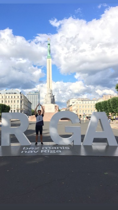 Joshua: posing inside giant RIGA letters before the Freedom Monument