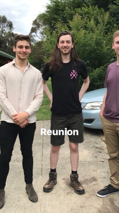 Joshua: reunion with two mates outside suburban house before leaving Australia