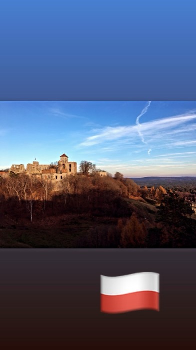 Tenczyn castle ruins glowing at golden hour over autumn woods