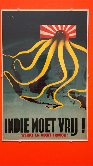 WWII Dutch poster 'Indie moet vrij!' with Japanese octopus, museum