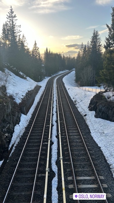 Railway tracks curving through snowy pine forest at golden hour