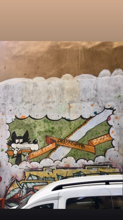 Wolf graffiti mural partly blocked by parked white van, weak framing