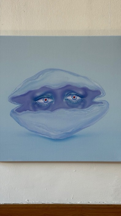 Surreal painting of clam shell with human eyes, gallery wall