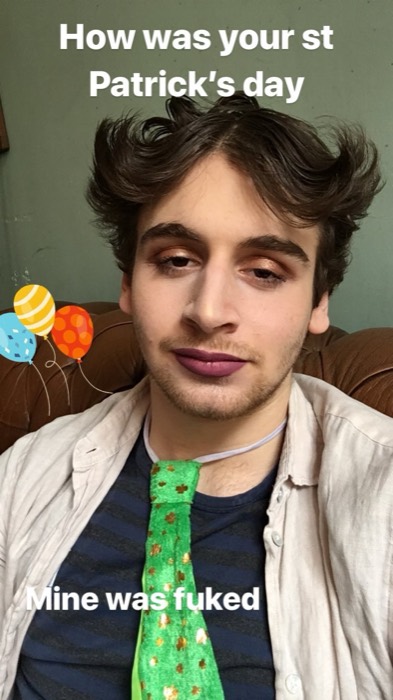 Joshua: hilarious post-St Patrick's selfie with makeup, wild hair, green tie