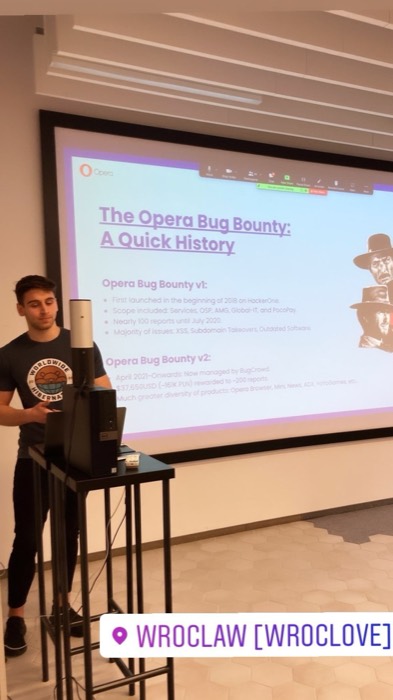 Joshua: presenting 'The Opera Bug Bounty: A Quick History' talk in Wroclaw