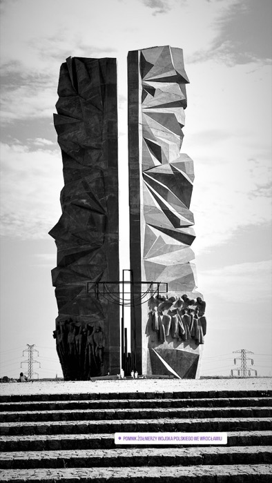 Brutalist Polish Army soldiers monument, dramatic black-and-white