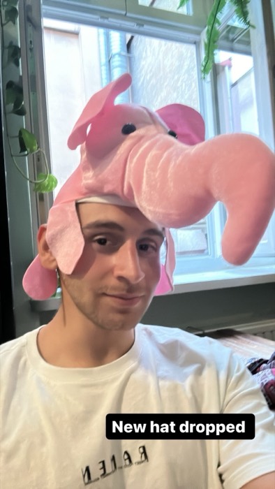 Joshua: wearing a pink elephant novelty hat, New hat dropped caption
