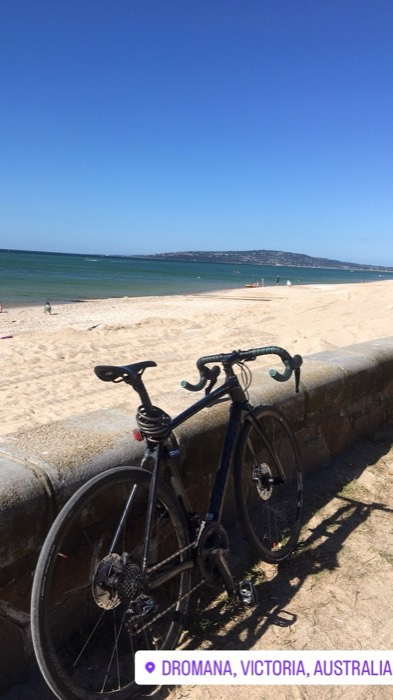 Road bike against sea wall at Dromana beach during 142km ride