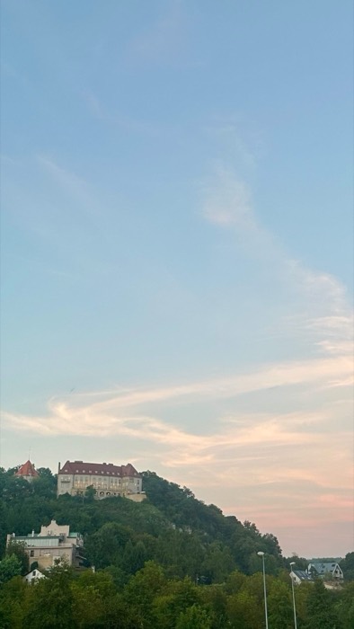Hilltop castle-like building above forest at pastel dusk, mostly sky