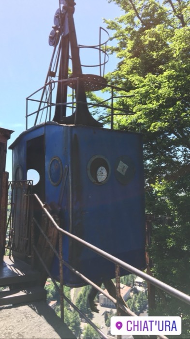 Rusty blue Soviet cable car cabin at Chiatura mining town