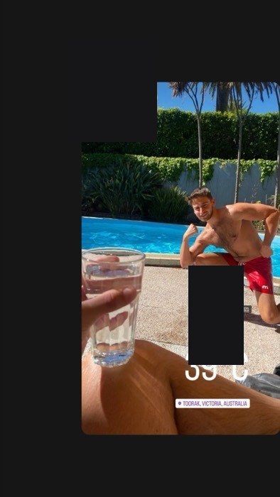 Friend flexing poolside on 39-degree Toorak day, reposted from Mack