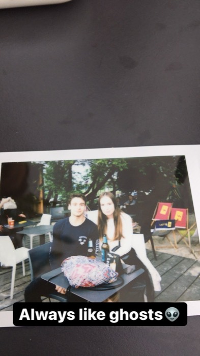 Joshua: polaroid of him and girl with beers, faces ghost-washed