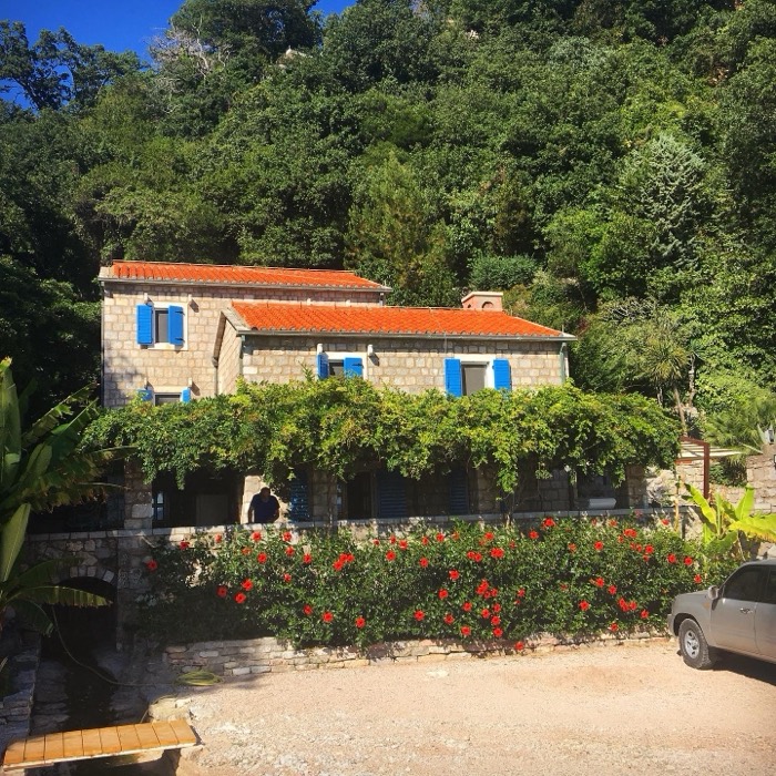 Stone house with blue shutters, red roof, flowers on hillside