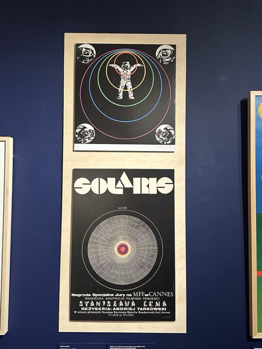 Two Polish Solaris Tarkovsky film posters framed on blue wall