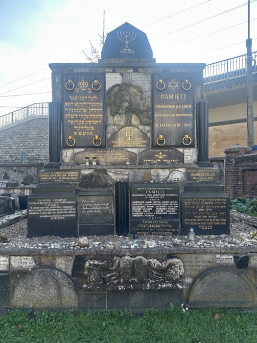 Jewish memorial monument with menorah in old Krakow cemetery