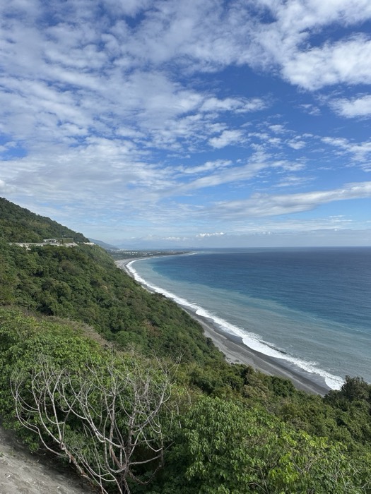 Sweeping coastline view, forested cliff meeting turquoise sea