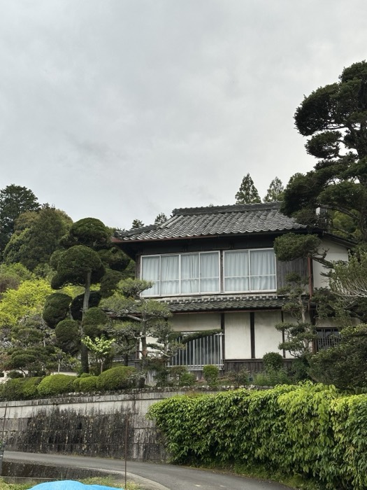 Traditional Japanese house with tiled roof and topiary on hillside