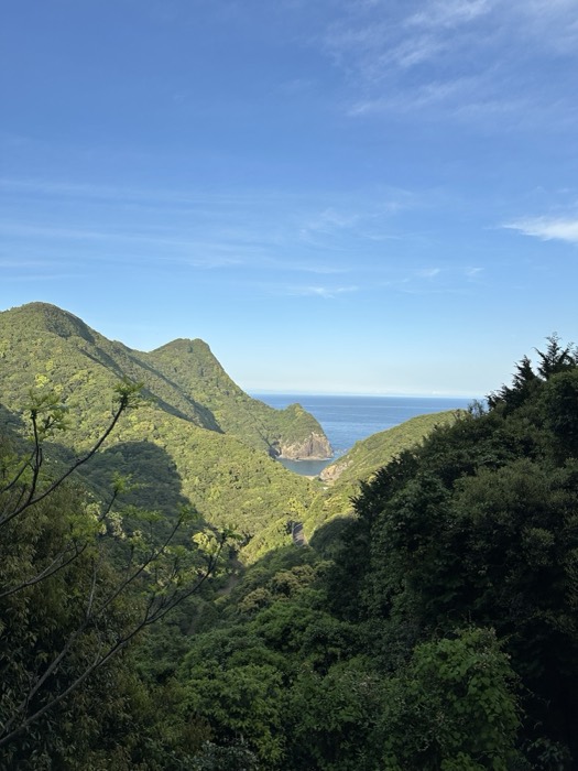 Lush green valley framing a small headland and blue sea.