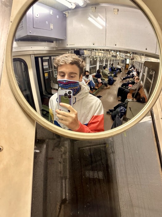 Joshua: mirror selfie in a near-empty Japanese train