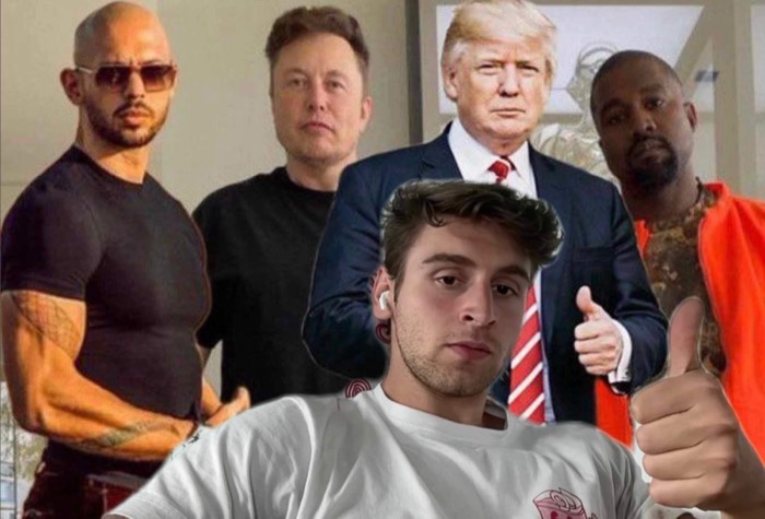 Meme: Joshua selfie composited with Tate, Musk, Trump, Kanye.