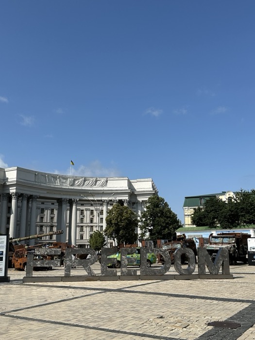 FREEDOM sculpture and destroyed Russian tanks outside Kyiv Foreign Ministry