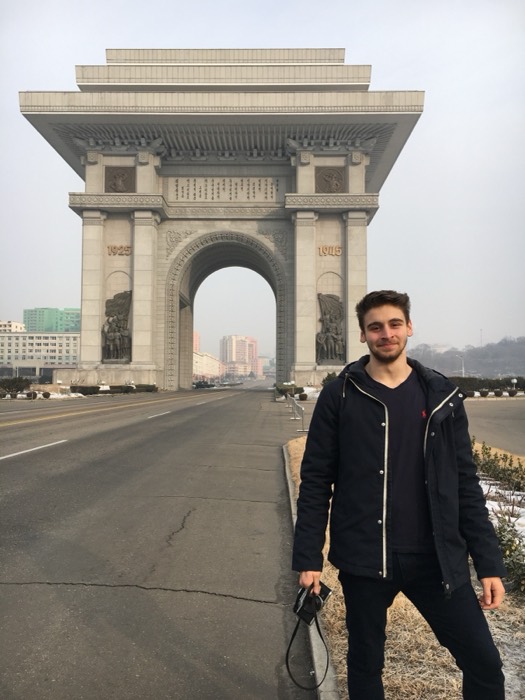 Joshua: in front of the Arch of Triumph, Pyongyang, hazy winter morning