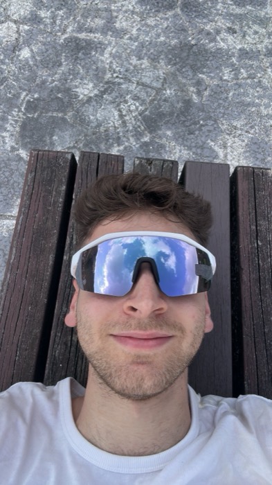 Joshua: near-identical bench selfie in mirrored sunglasses