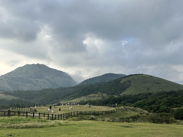 Rolling green grassland plateau with fence and twin peaks, moody light