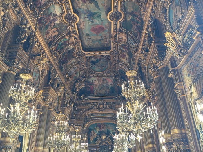 Painted ceiling and chandeliers of Palais Garnier Grand Foyer