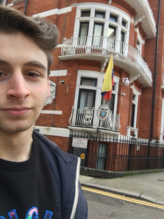 Joshua: selfie outside Ecuadorian Embassy (Assange), Hans Crescent SW1