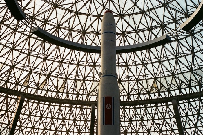 Unha rocket replica beneath geodesic dome, Sci-Tech Complex Pyongyang