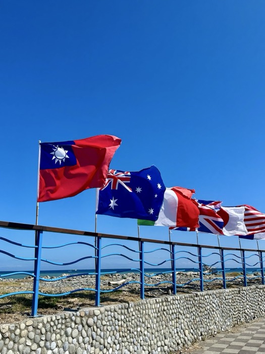 Row of national flags flying against bright blue coastal sky