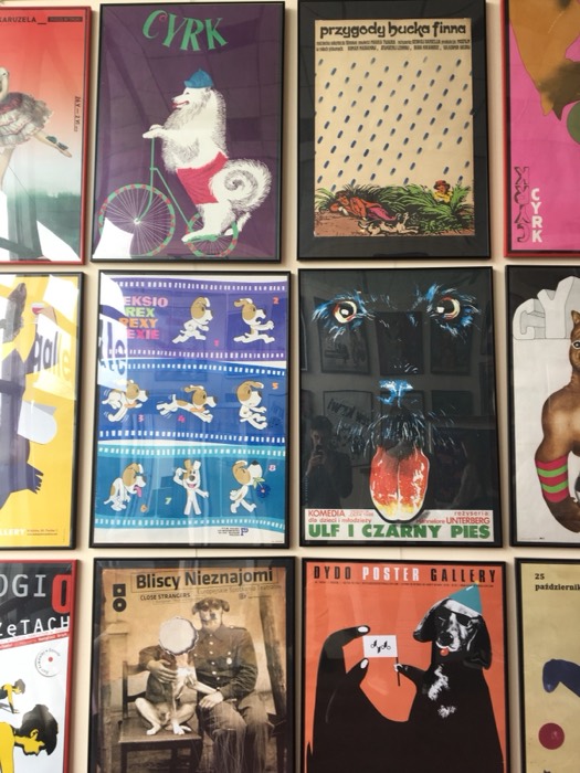 Wall of vibrant Polish circus and dog film posters