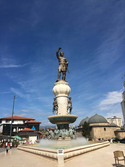 Warrior statue on fountain in plaza, Skopje 2014 monument