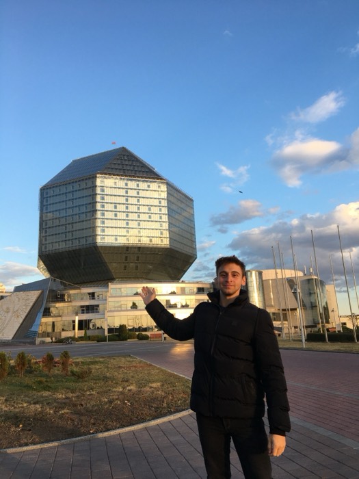 Joshua: posing by the diamond National Library of Belarus