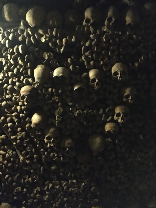 Wall of stacked human skulls and bones, Paris catacombs