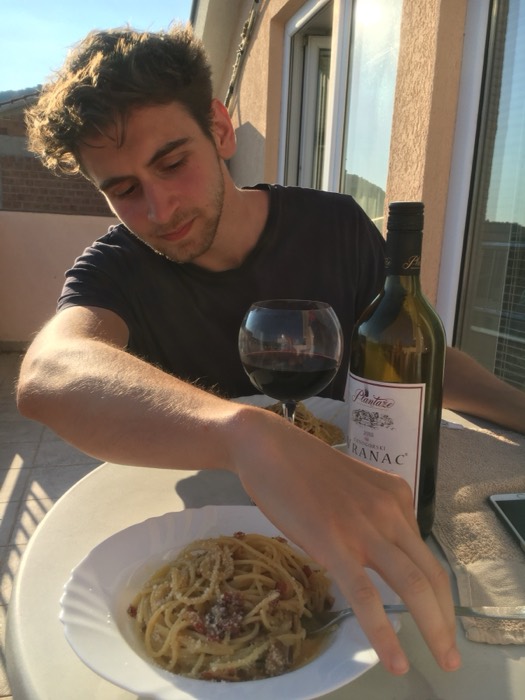 Joshua: reaching for carbonara with Montenegrin Vranac wine, golden hour