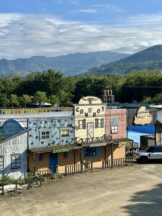 Quirky Cowboy-themed wooden buildings against forested mountains