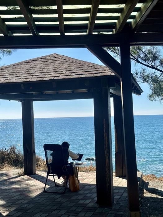 Person working on laptop in seaside gazebo