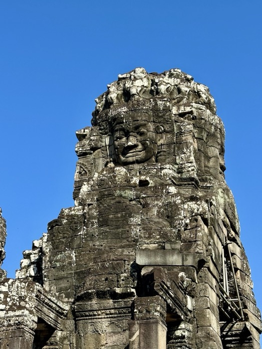 Towering strangler-fig tree growing over Ta Prohm ruins, figure tiny below