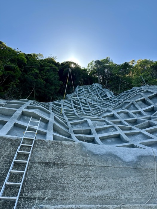 Dramatic sculpted concrete slope-protection seawall with ladder against the sun.