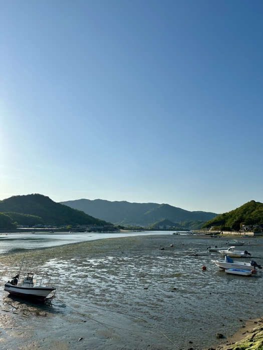 Low-tide mudflat bay with beached fishing boats, evening light, island hills