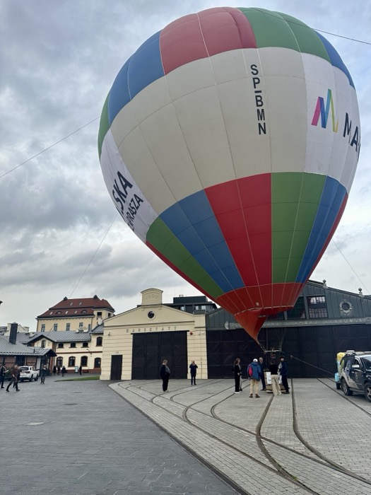Near-identical hot air balloon at Krakow tram depot courtyard