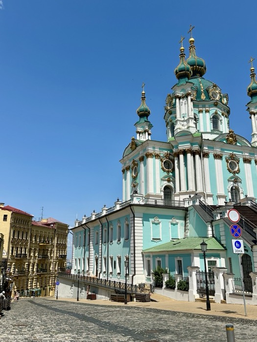 St. Andrew's Church, turquoise and gold baroque, on cobbled Kyiv hill