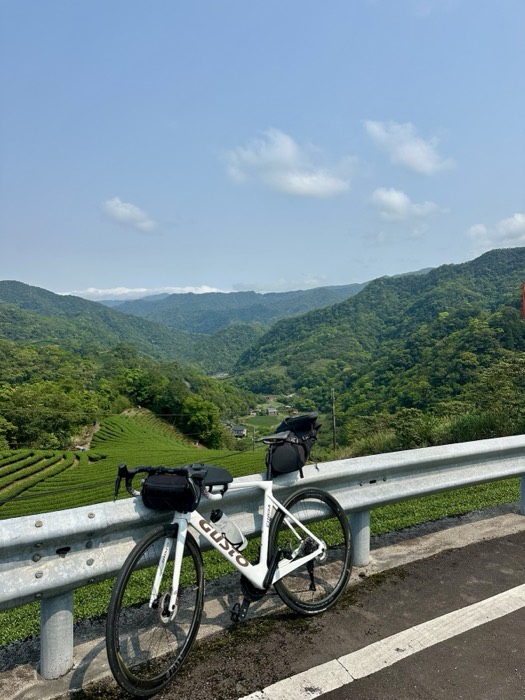 Enhanced version of road bike on guardrail over tea valley